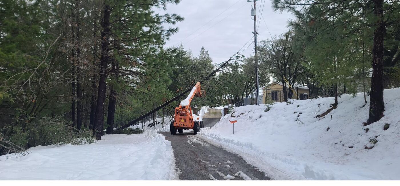 Storm response — telehandler removing a snow-loaded fallen tree from a mountain road